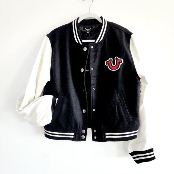 True Religion Black & White Varsity Jacket Button Up Vintage Style Sz Large - Picture 4 of 7